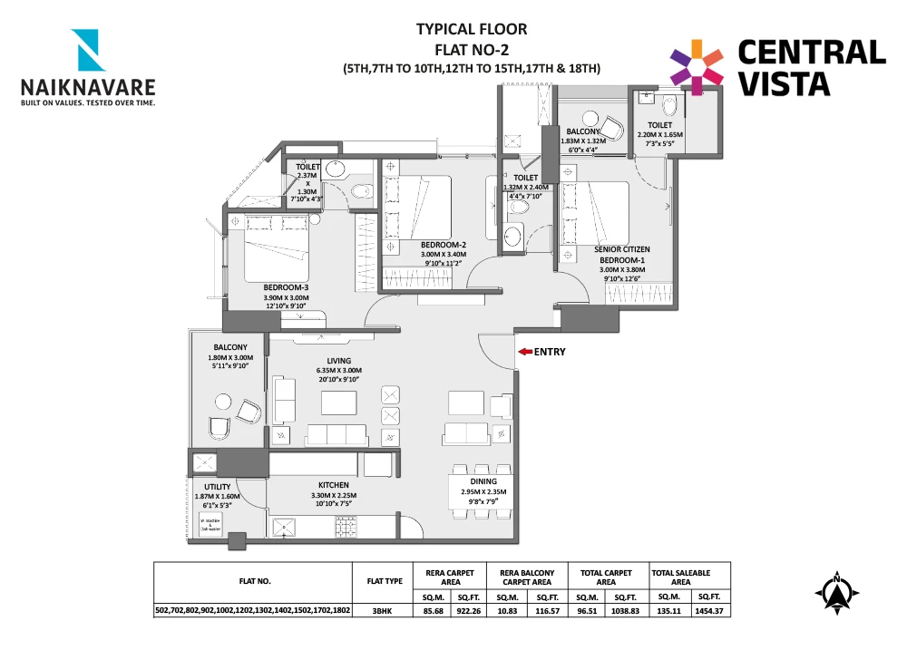 3 BHK floor plan for Central Vista